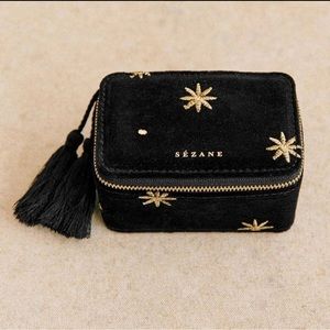 Sezane Black Velvet Star Embroidered Jewelry Box